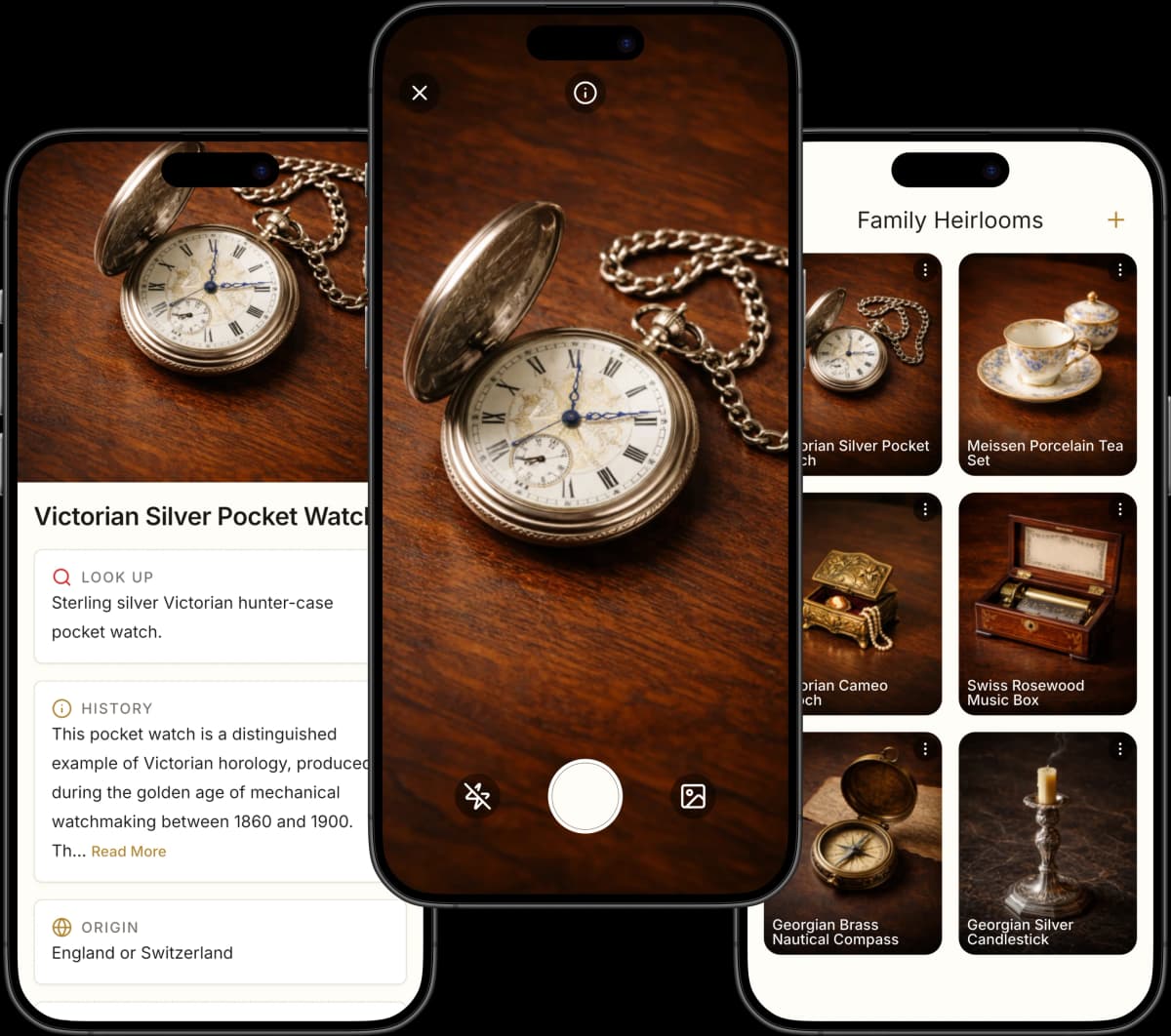 Reliqua app showing an identified 19th-century Meissen porcelain vase with history and value estimate on an iPhone