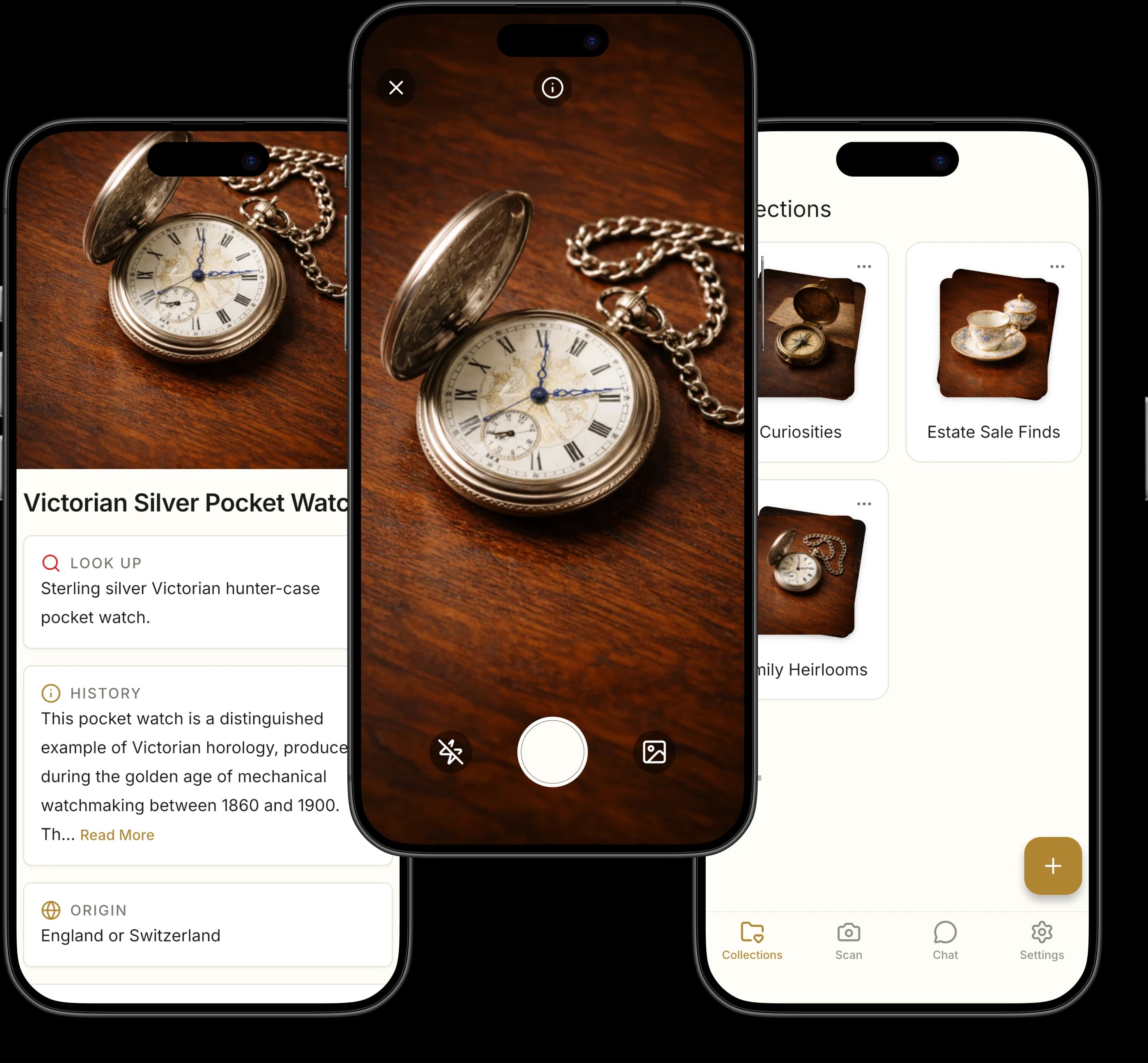 Reliqua across three mobile screens showing antique collections, a pocket-watch camera scan, and Victorian silver pocket-watch identification details